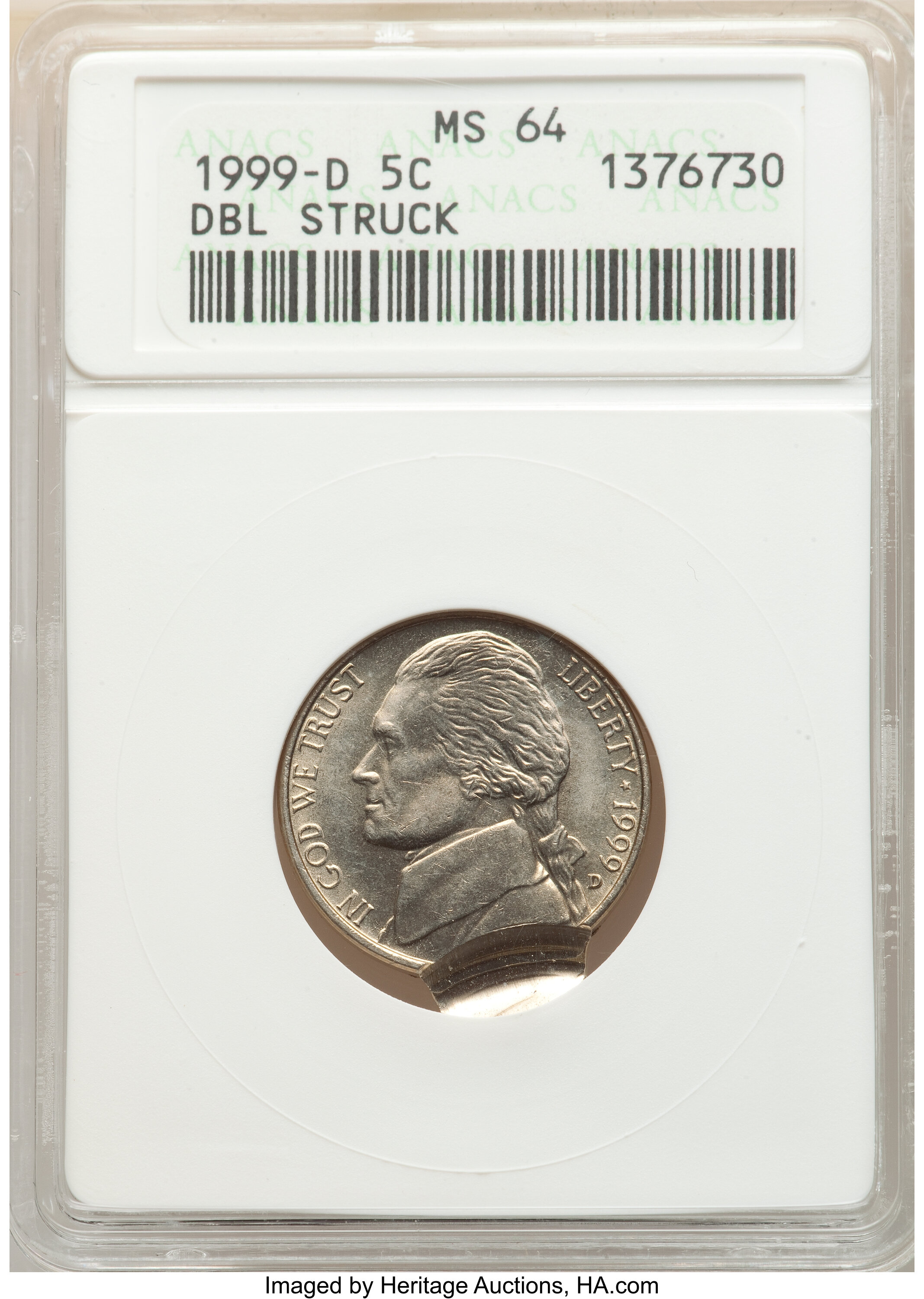 image for: 1999-D 5C Jefferson Nickel -- Double Struck -- MS64 ANACS....
