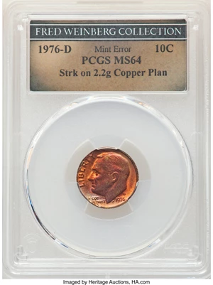 image for: 1976-D 10C Roosevelt Dime -- Struck on Copper Planchet -- MS64 PCGS. (2.2 grams).From the Fred Weinberg Collection....