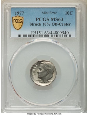 image for: 1977 10C Roosevelt Dime -- Struck 10% Off Center -- MS63 PCGS....