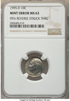 image for: 1995-D 10C Roosevelt Dime -- 95% Reverse Struck Thru -- MS63 NGC....