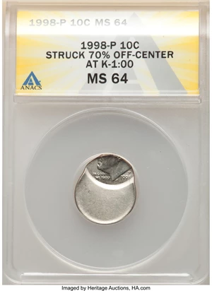 image for: 1998-P 10C Roosevelt Dime -- Struck 70% Off Center @1:00 -- MS64 ANACS....