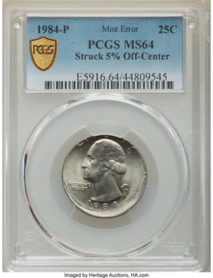 image for: 1984-P 25C Washington Quarter Dollar -- Struck 5% Off Center -- MS64 PCGS....