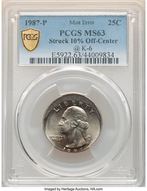 image for: 1987-P 25C Washington Quarter Dollar -- Struck 10% Off Center @6:00 -- MS63 PCGS....