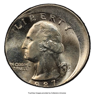 image for: 1987-P 25C Washington Quarter Dollar -- Struck 20% Off Center @8:00 -- MS64 PCGS....
