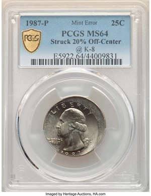 image for: 1987-P 25C Washington Quarter Dollar -- Struck 20% Off Center @8:00 -- MS64 PCGS....