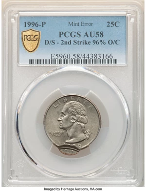 image for: 1996-P 25C Washington Quarter Dollar -- Double Struck, Second Strike 96% Off Center -- AU58 PCGS....