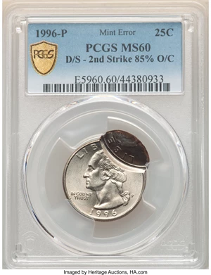 image for: 1996-P 25C Washington Quarter Dollar -- Double Struck, Second Strike 85% Off Center -- MS60 PCGS....