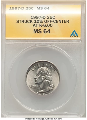 image for: 1997-D 25C Washington Quarter Dollar -- Struck 10% Off Center @6:00 -- MS64 ANACS....