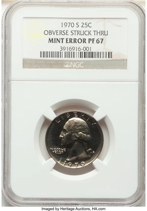 image for: 1970-S 25C Washington Quarter Dollar -- Obverse Struck Thru -- PR67 NGC....