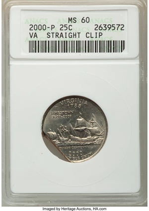 image for: 2000-P 25C Virginia Statehood Quarter Dollar -- Straight Clip -- MS60 ANACS....
