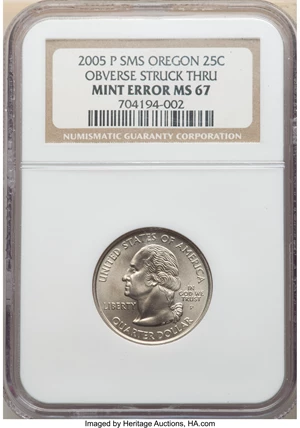 image for: 2005-P 25C SMS, Oregon Statehood Quarter Dollar -- Obverse Struck Thru -- MS67 NGC....