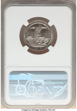 image for: 2018-S 25C Block Island National Park Quarter Dollar -- Obverse Struck Thru -- MS66 NGC....