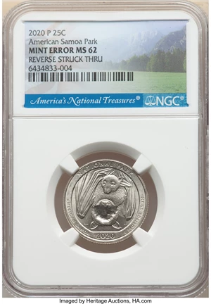 image for: 2020-P 25C American Samoa Park Quarter Dollar -- Reverse Struck Thru -- MS62 NGC....