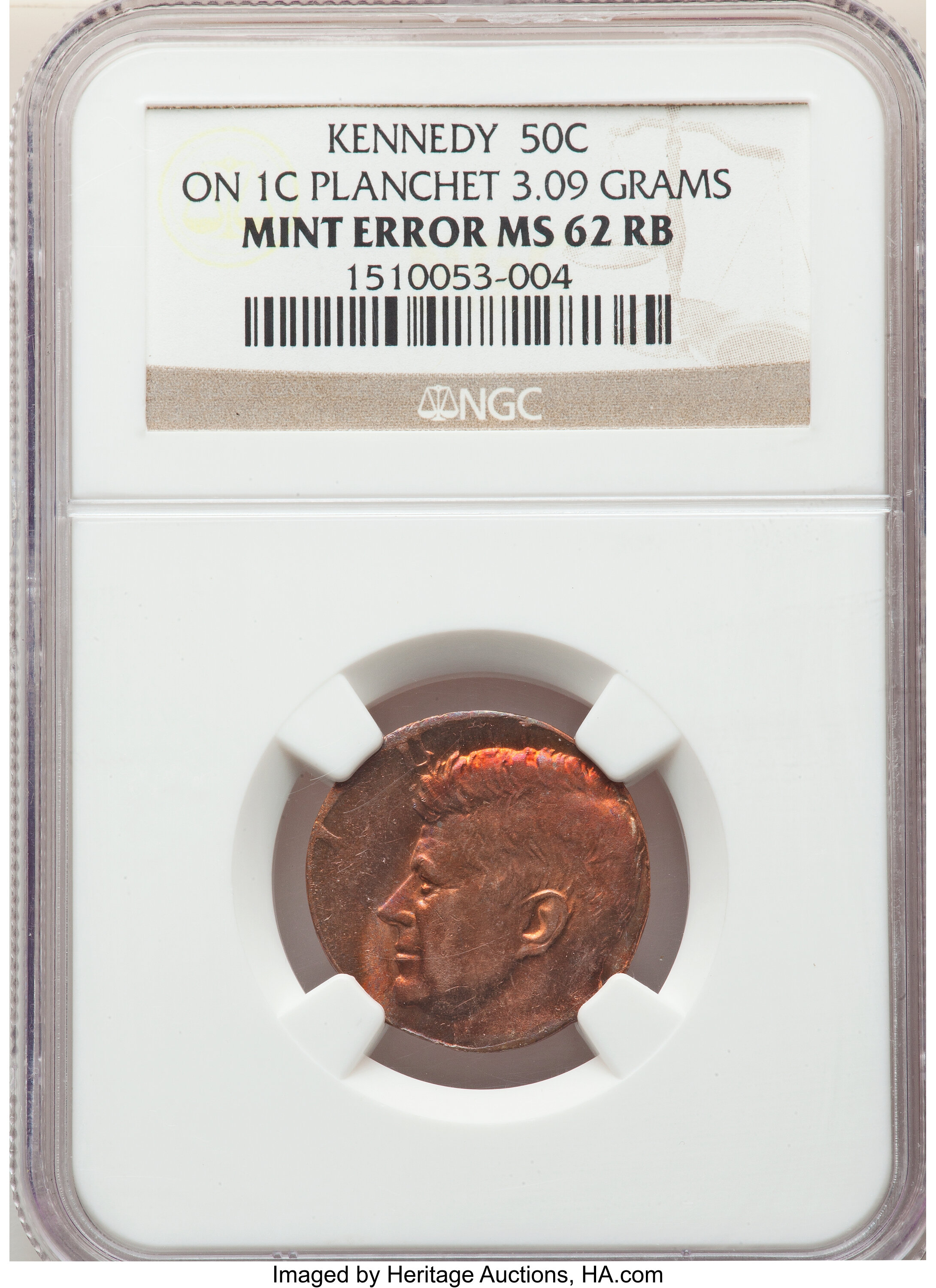 image for: No Date 50C Kennedy Half Dollar -- Struck On 1C Planchet -- MS62 Red and Brown NGC. (3.09 grams)....