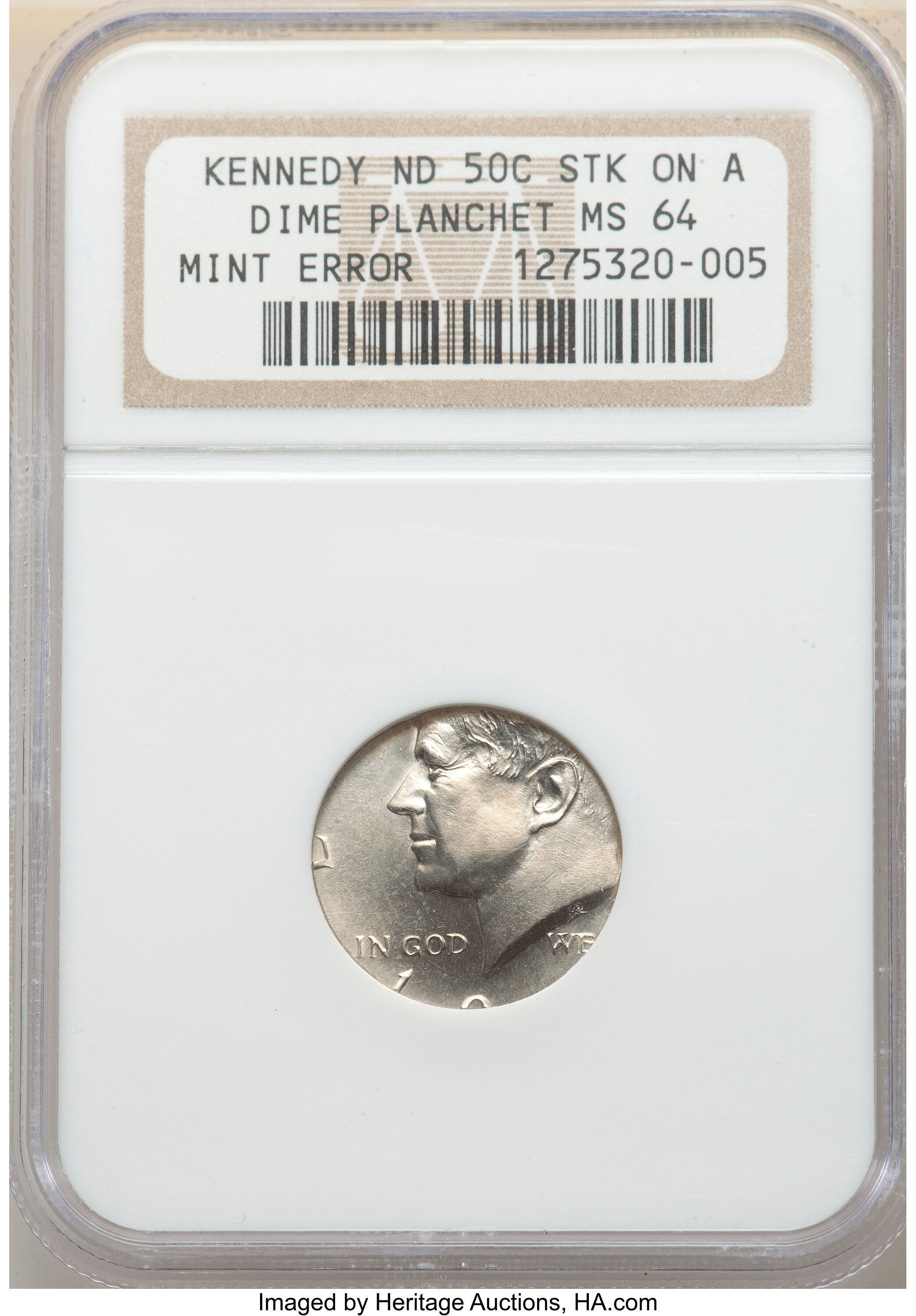 image for: No Date 50C Kennedy Half Dollar -- Struck On a Dime Planchet -- MS64 NGC....