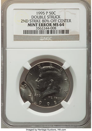 image for: 1995-P 50C Kennedy Half Dollar -- Double Struck, Second Strike 80% Off Center -- MS64 NGC....