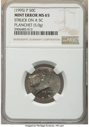 image for: (1995)-P 50C Kennedy Half Dollar -- Struck On a 5C Planchet -- MS65 NGC. (5 grams)....
