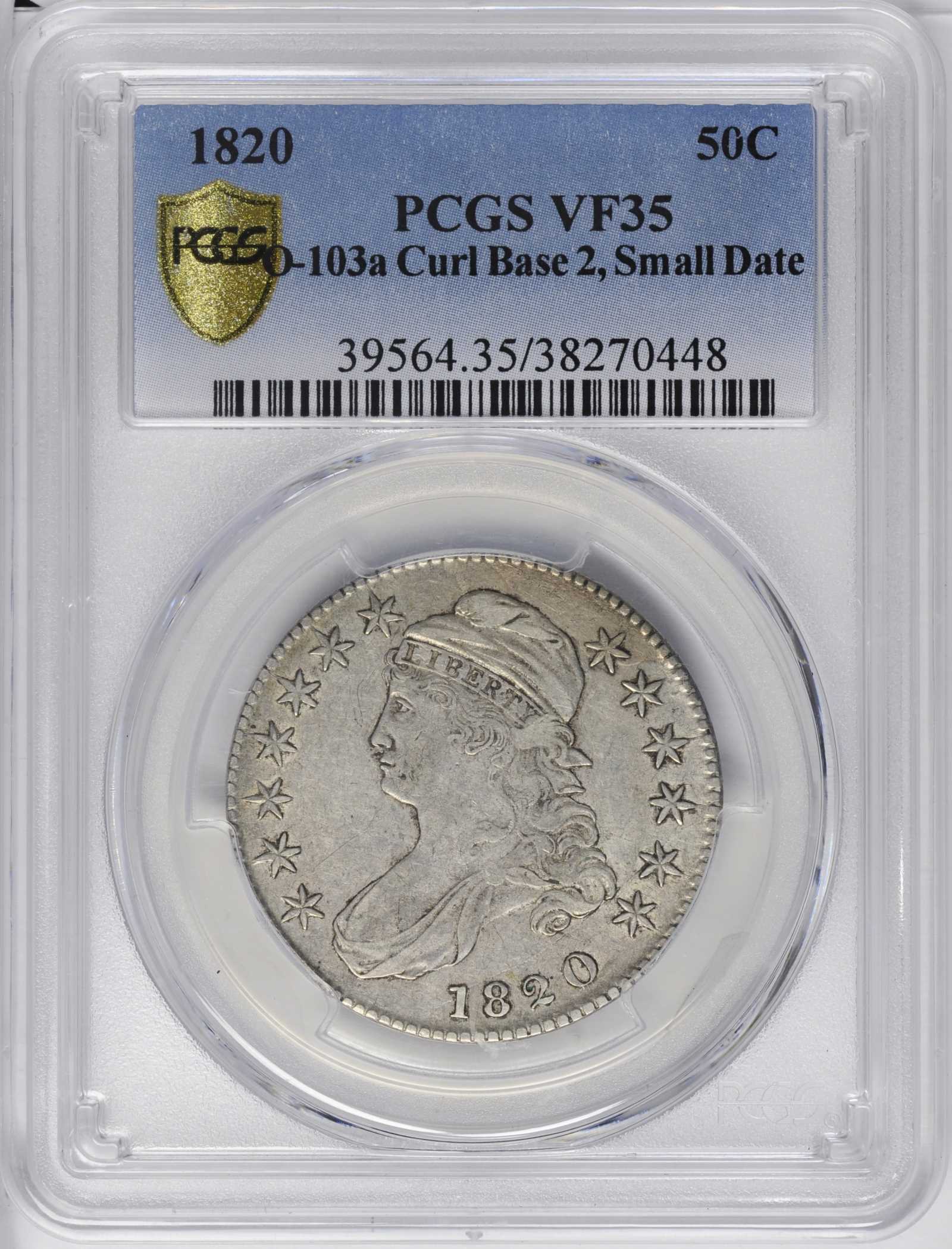 image for: 1820 Capped Bust Half Dollar. O-103a. Rarity-2. Curl Base 2, Small Date. VF-35 (PCGS).