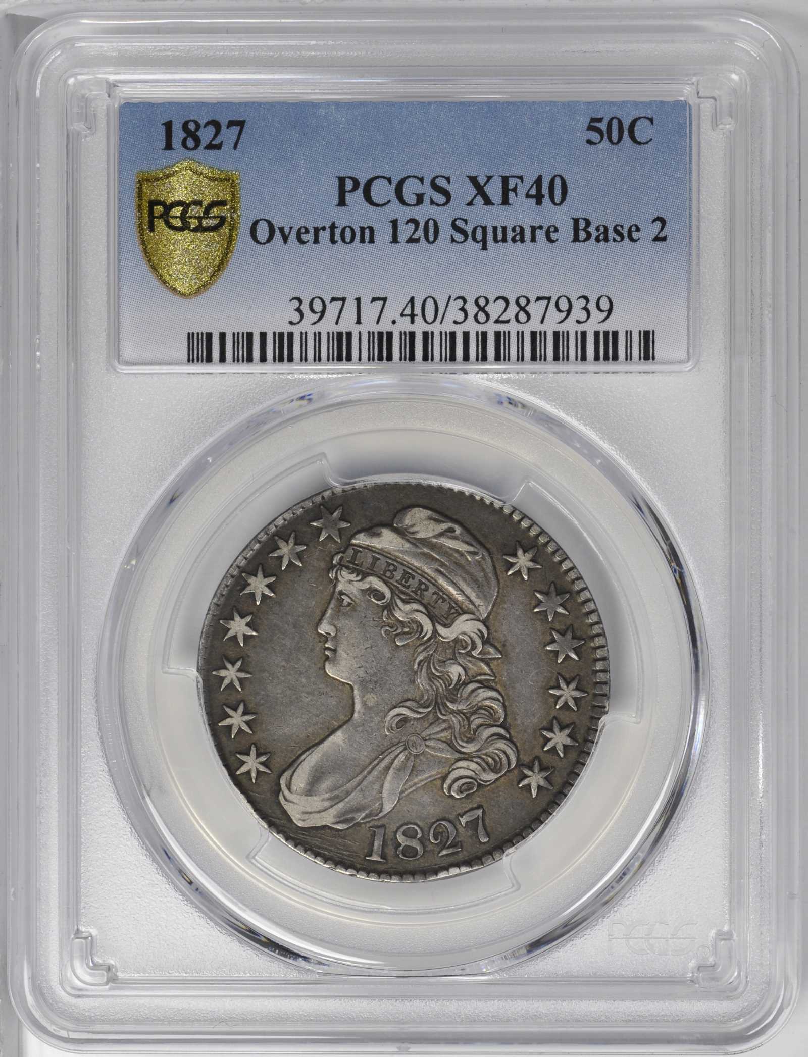 image for: 1827 Capped Bust Half Dollar. O-120. Rarity-5. Square Base 2. EF-40 (PCGS).