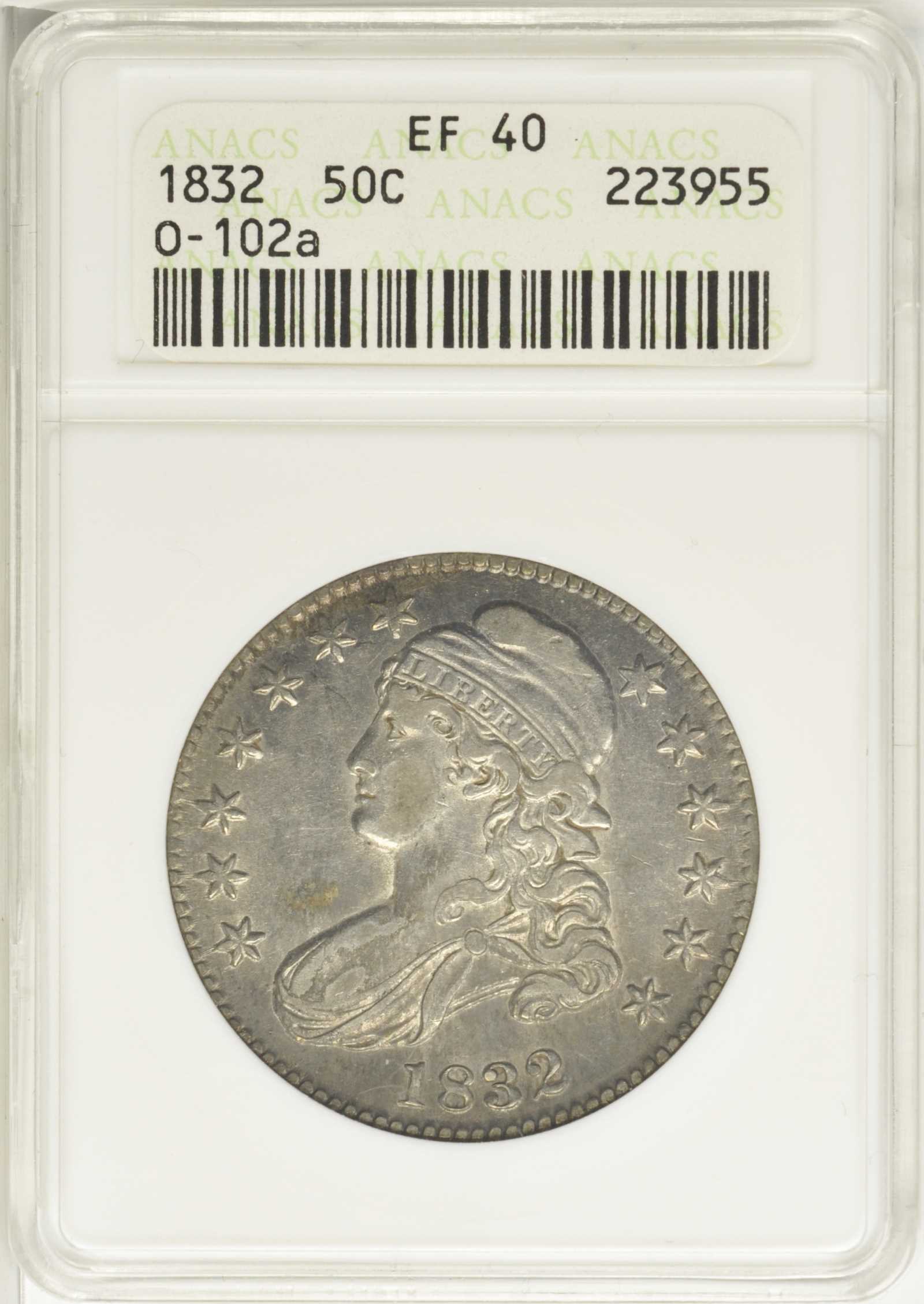 image for: 1832 Capped Bust Half Dollar. O-102a. Rarity-3. Small Letters. EF-40 (ANACS). OH.