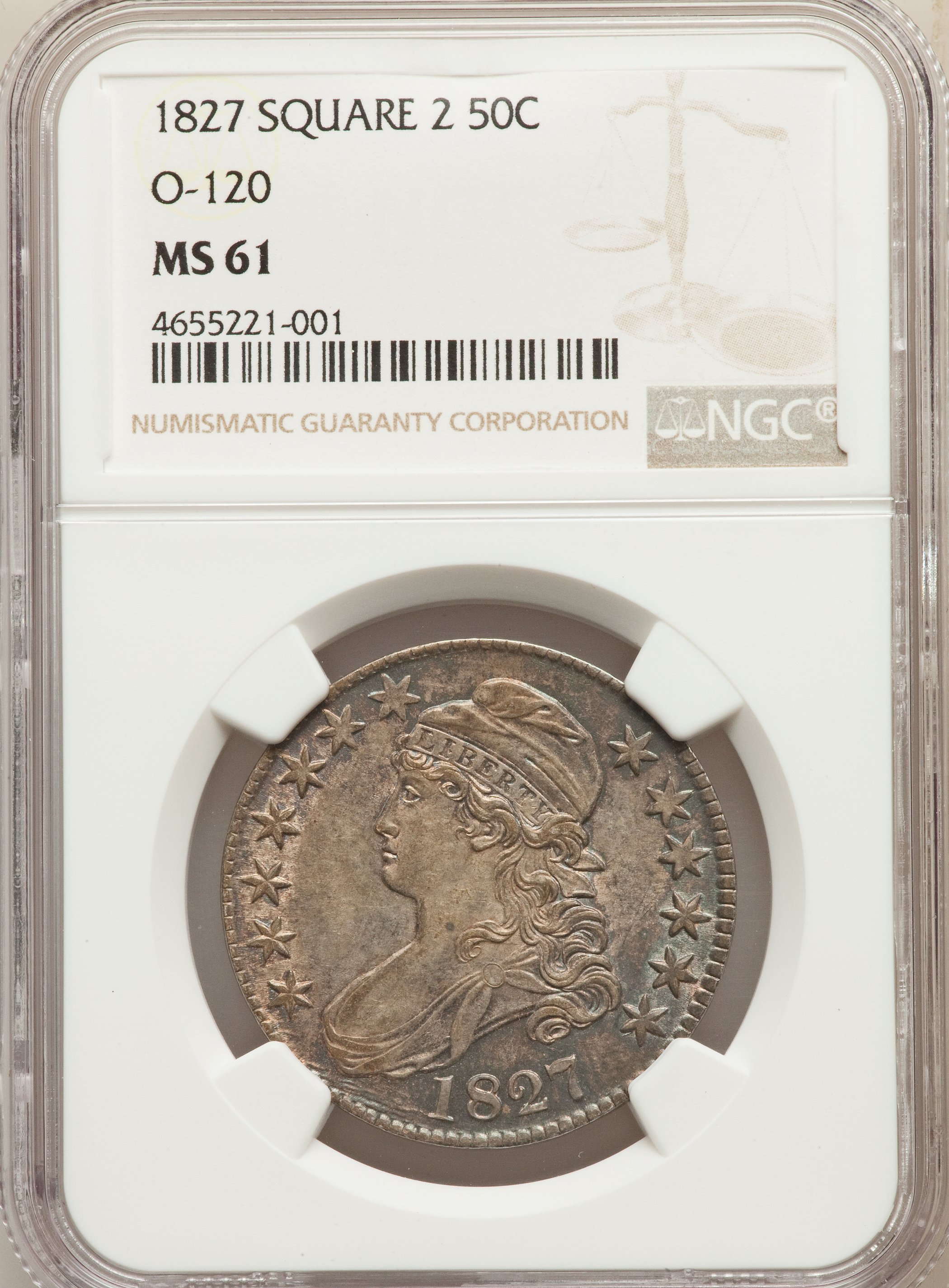 image for: 1827 50C Square Base 2, O-120, R.5, MS61 NGC. NGC Census: (1/2). PCGS Population: (0/1). MS61. Mintage 5,493,400. ...
