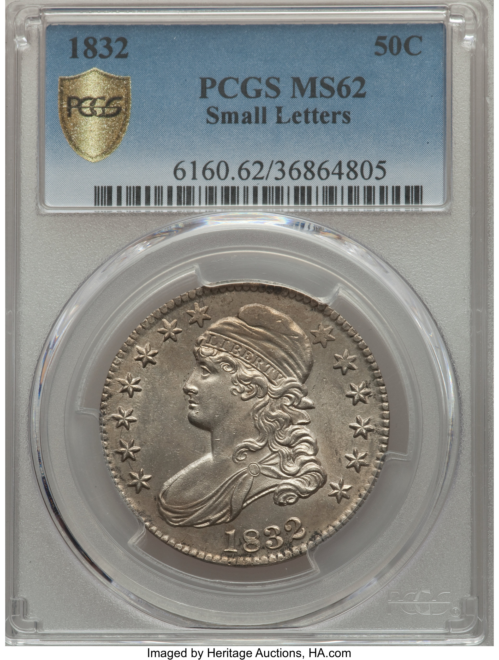 image for: 1832 50C Small Letters, O-102a, R.3, MS62 PCGS Secure....