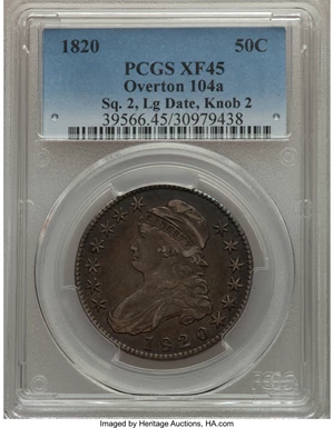 image for: 1820 50C Square Base 2, Large Date, Knob, O-104a, R.7?, XF45 PCGS....