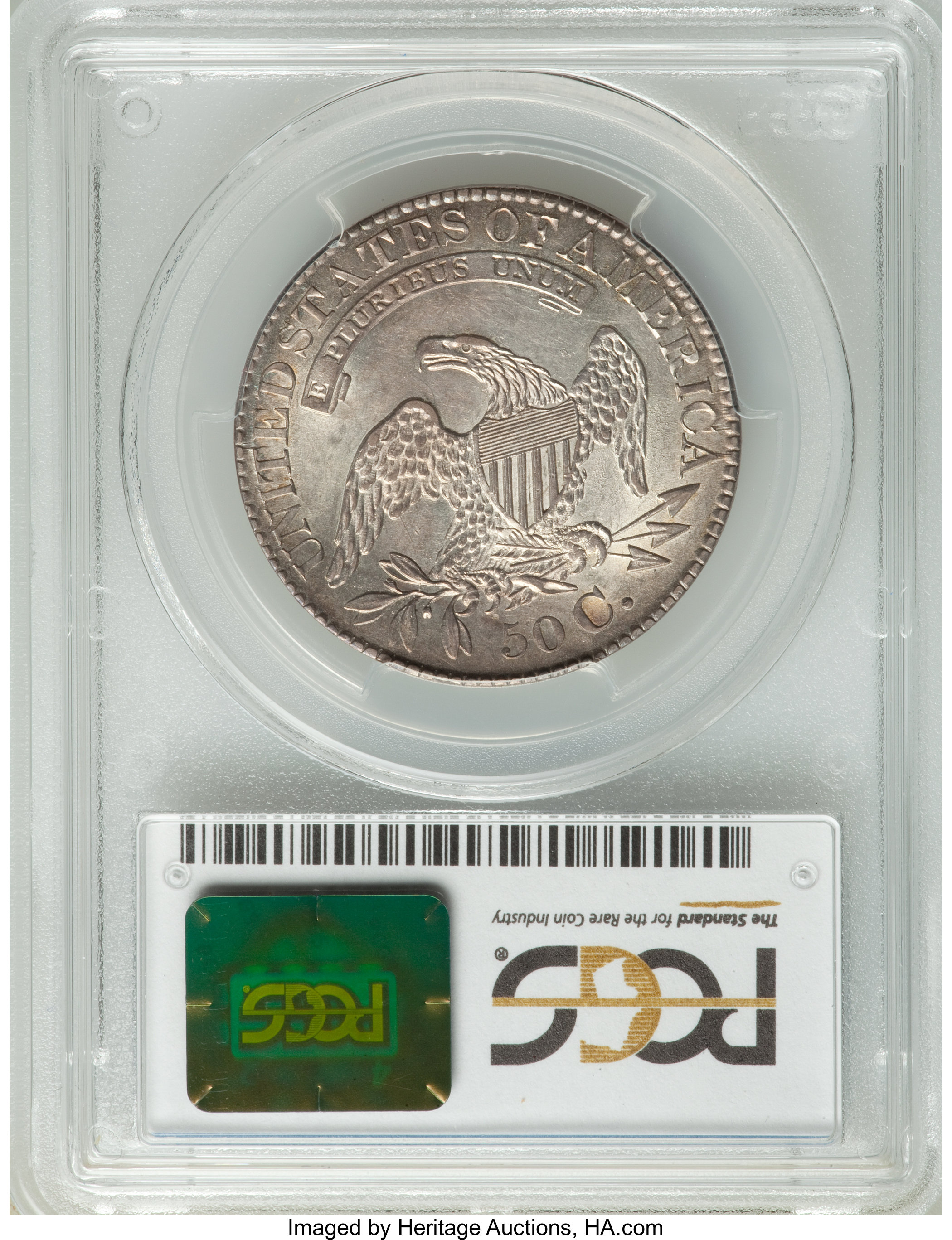 image for: 1828 50C Square Base 2, Small 8s, Large Letters, O-121a, R.3, AU58 PCGS Secure. PCGS Population: (1/1 and 0/0+). NGC Census...