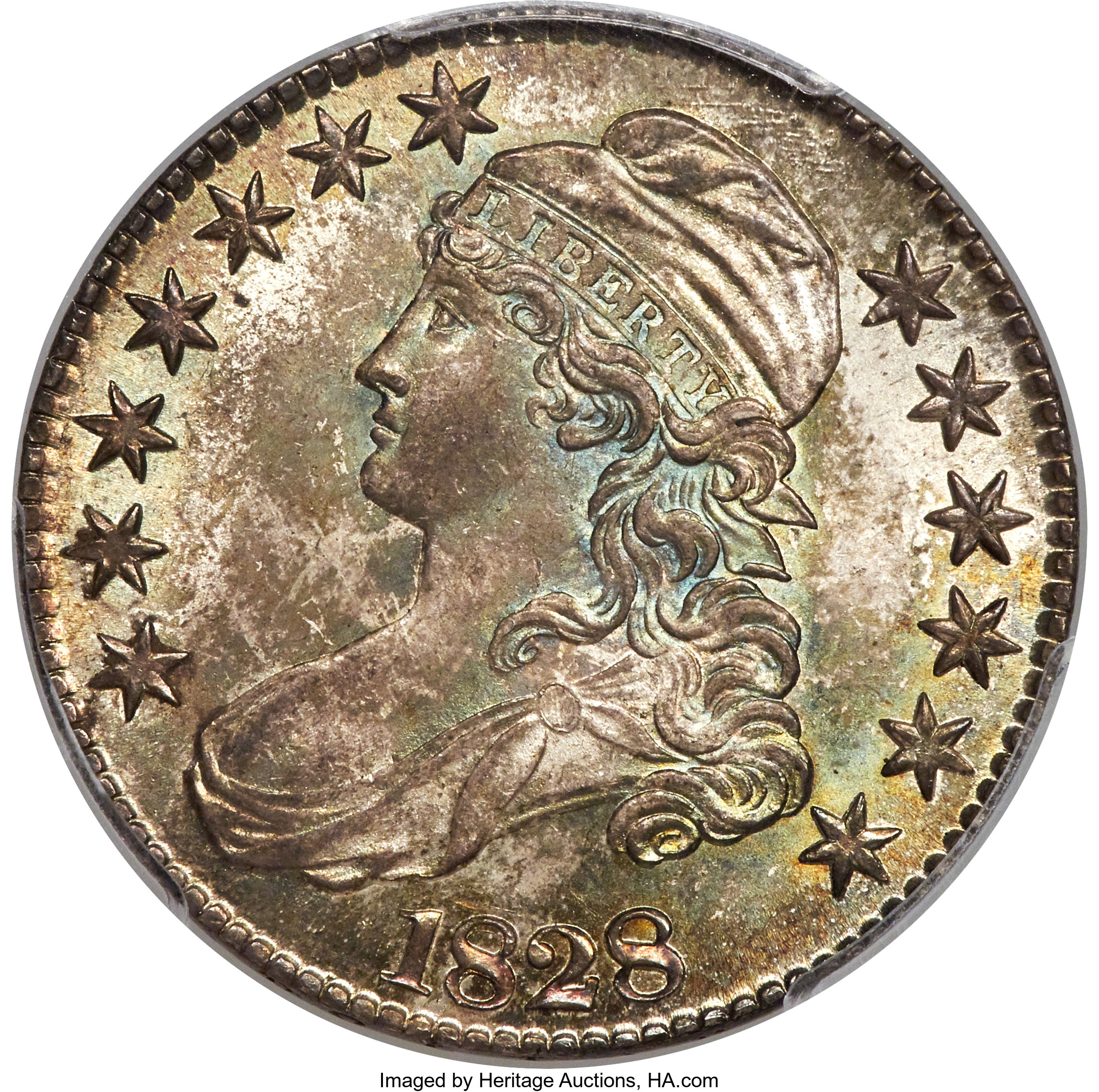 image for: 1828 50C Square Base 2, Large 8s, O-109, R.3, MS66 PCGS. CAC....