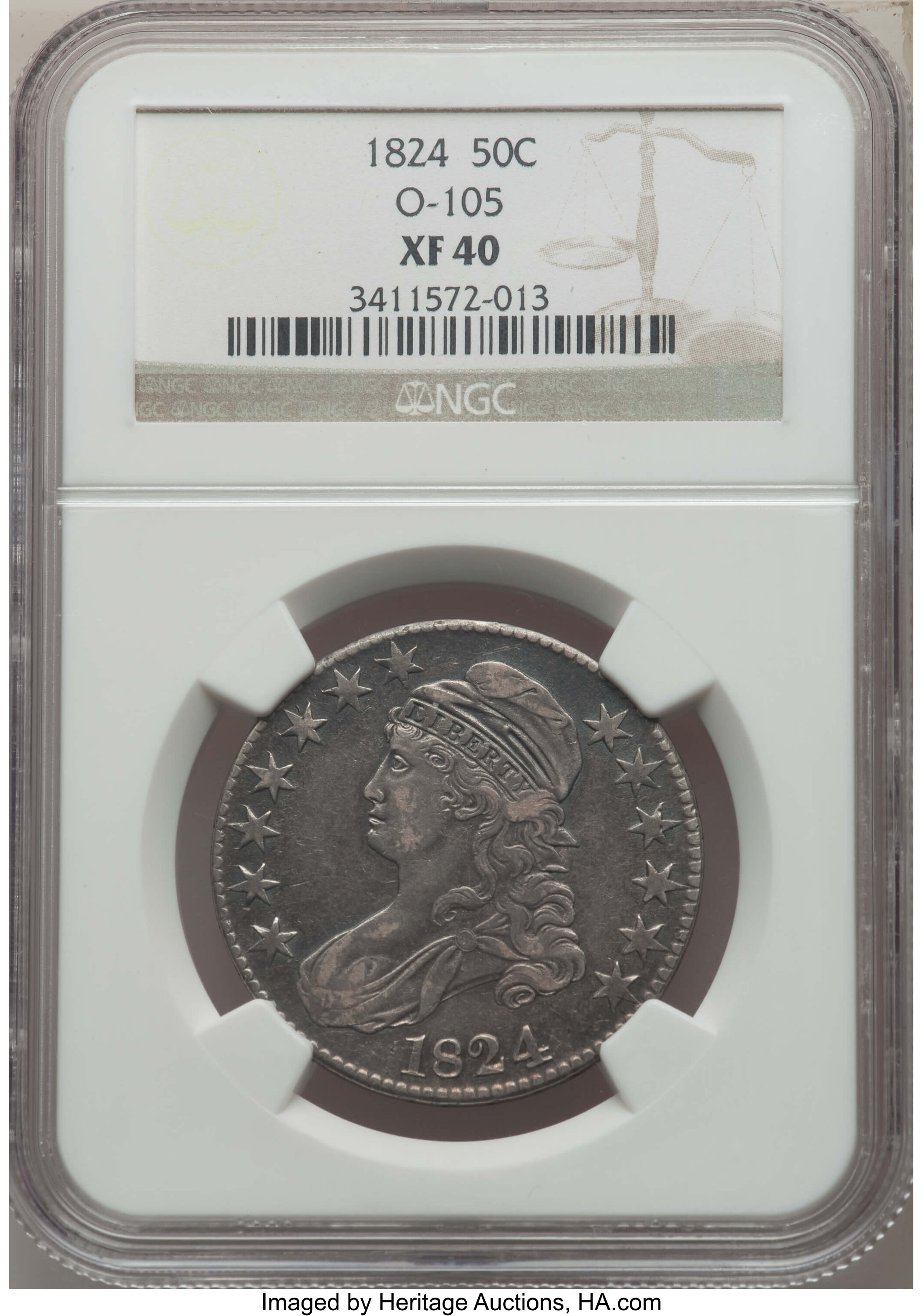image for: 1824 50C O-105, R.2, XF40 NGC. NGC Census: (4/24). PCGS Population: (2/17). XF40. Mintage 3,504,954....