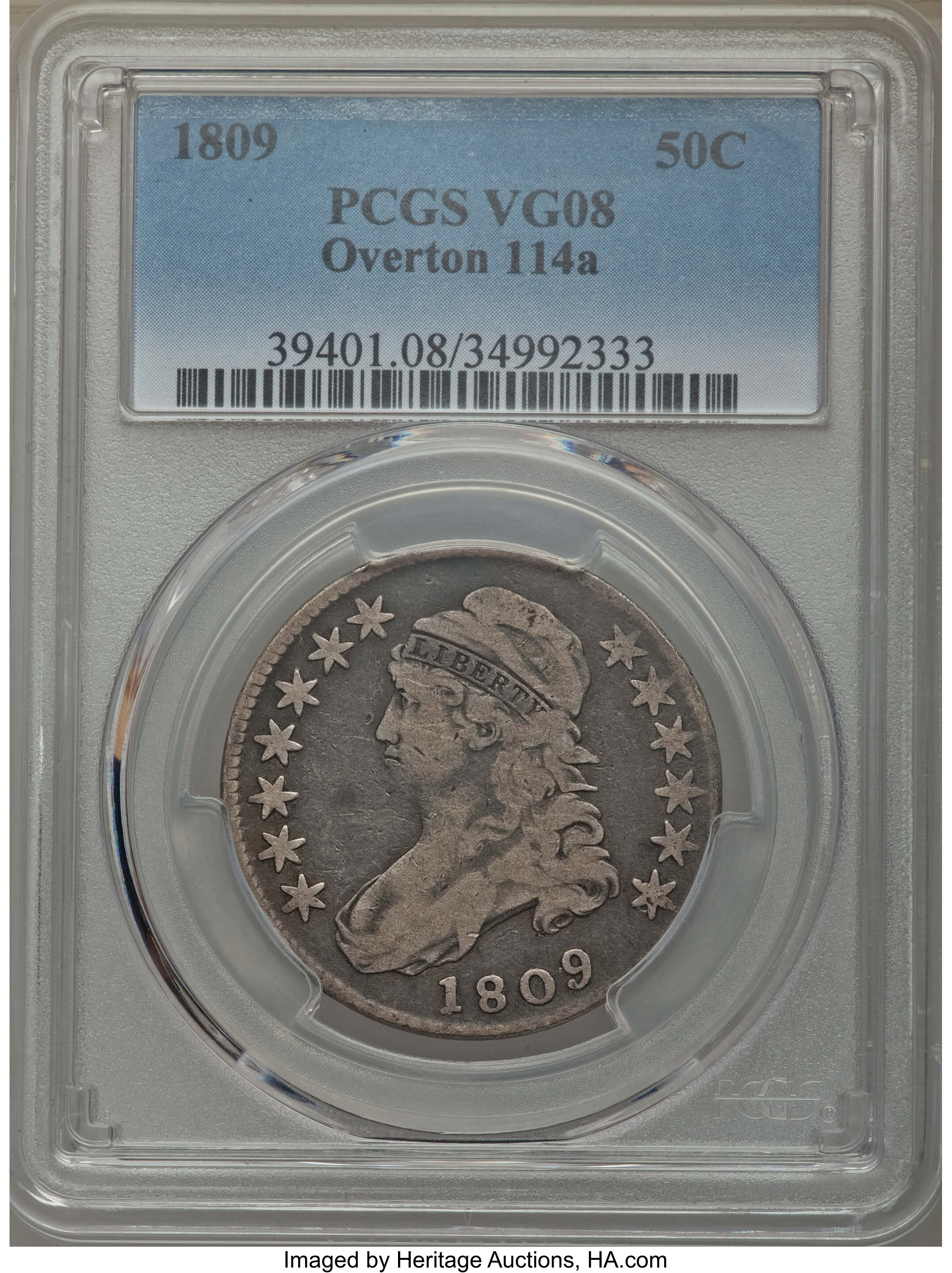 image for: 1809 50C Normal Edge, O-114a, R.5, VG8 PCGS. PCGS Population: (2/14). NGC Census: (0/2). VG8 . From The Loma Linda Co...