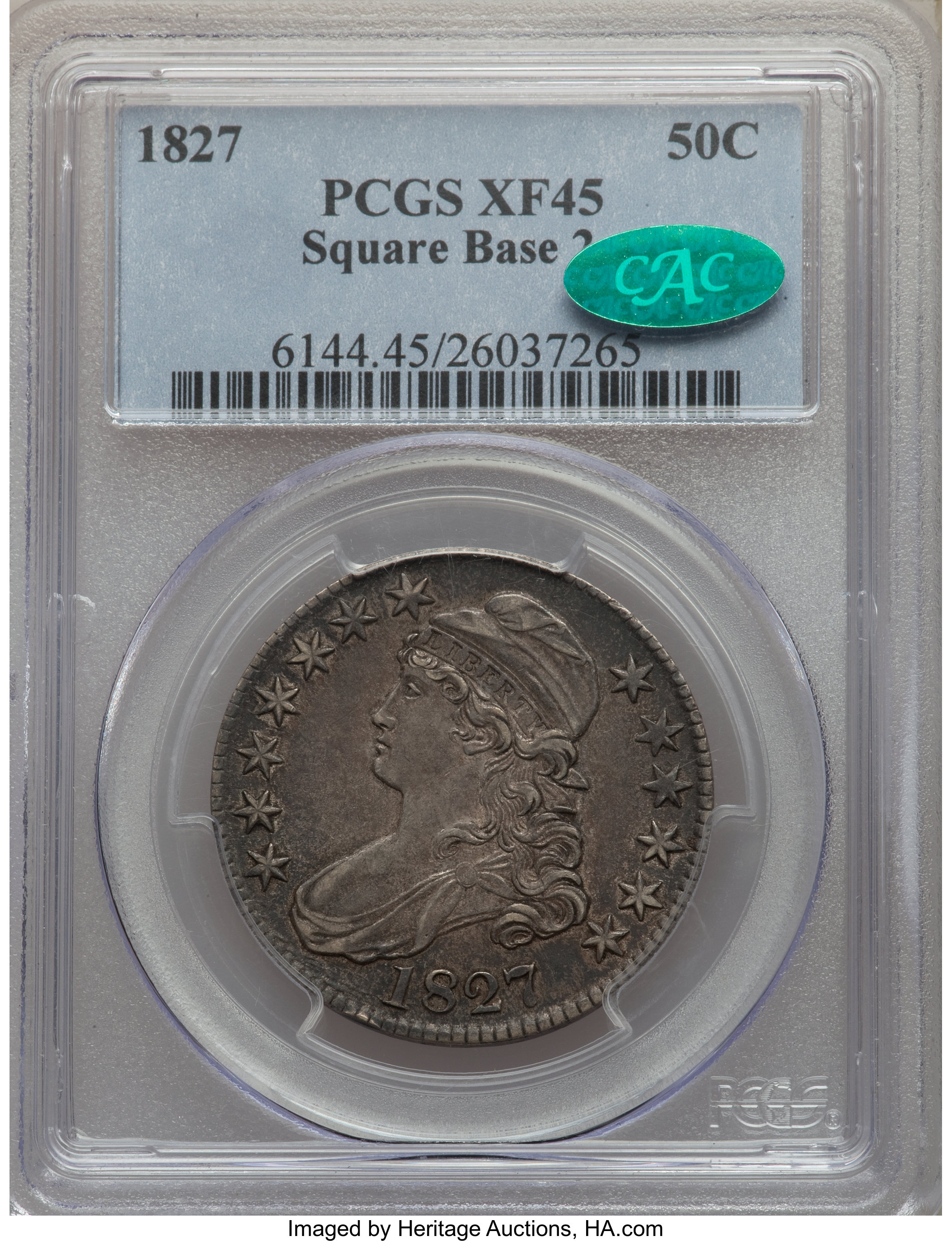 image for: 1827 50C Square Base 2, O-120, R.5, XF45 PCGS. CAC. PCGS Population: (2/3). NGC Census: (0/8). XF45. Mintage 5,493,400. F...