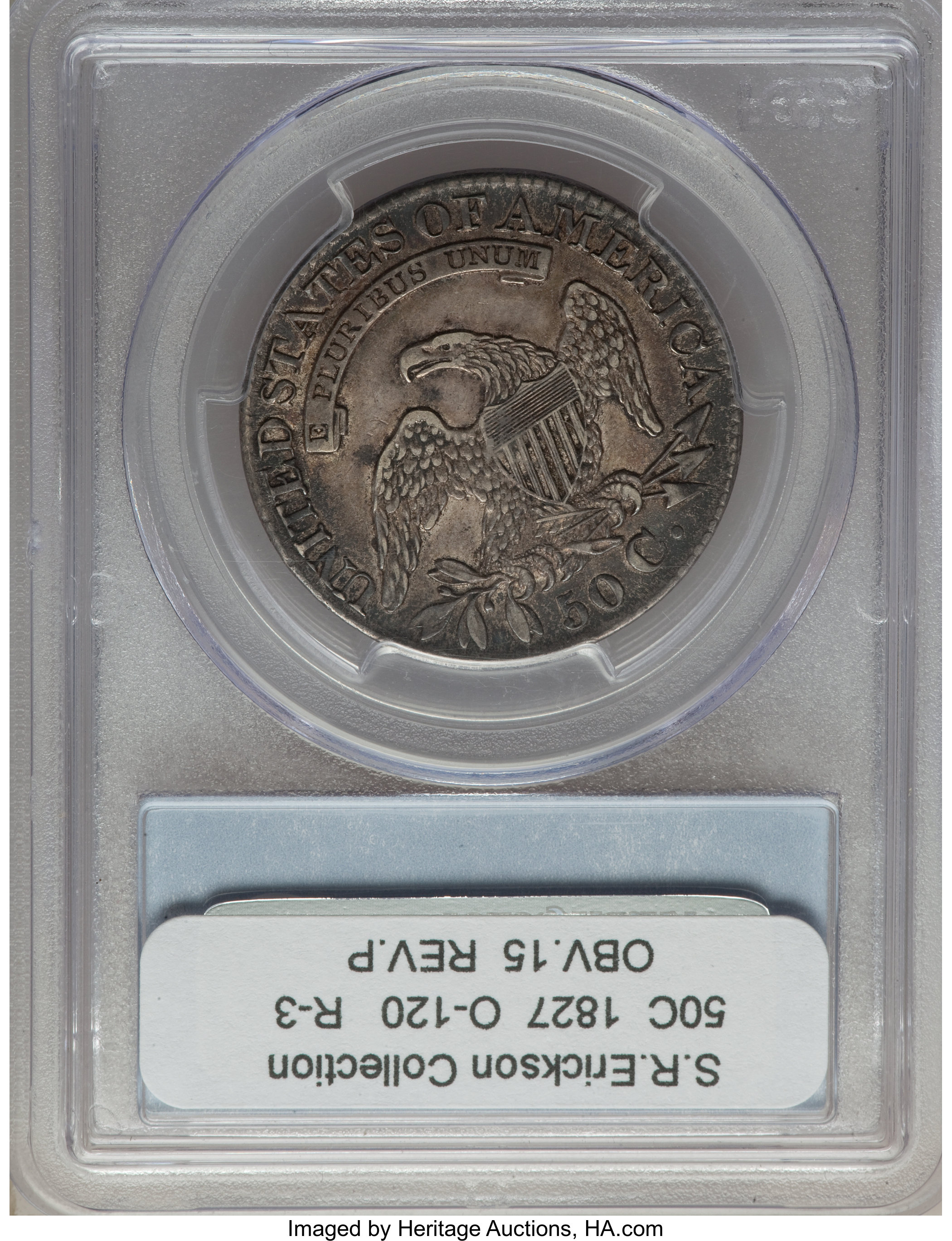 image for: 1827 50C Square Base 2, O-120, R.5, XF45 PCGS. CAC. PCGS Population: (2/3). NGC Census: (0/8). XF45. Mintage 5,493,400. F...