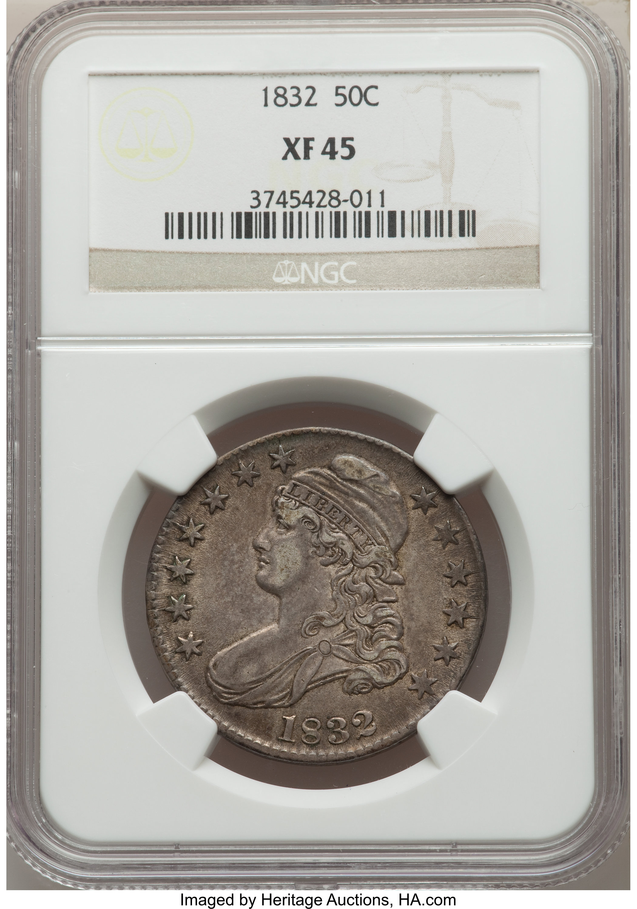 image for: 1832 50C Small Letters, O-121, R.3, XF45 NGC. NGC Census: (3/5). PCGS Population: (0/8). XF45. Mintage 4,797,000. From Th...