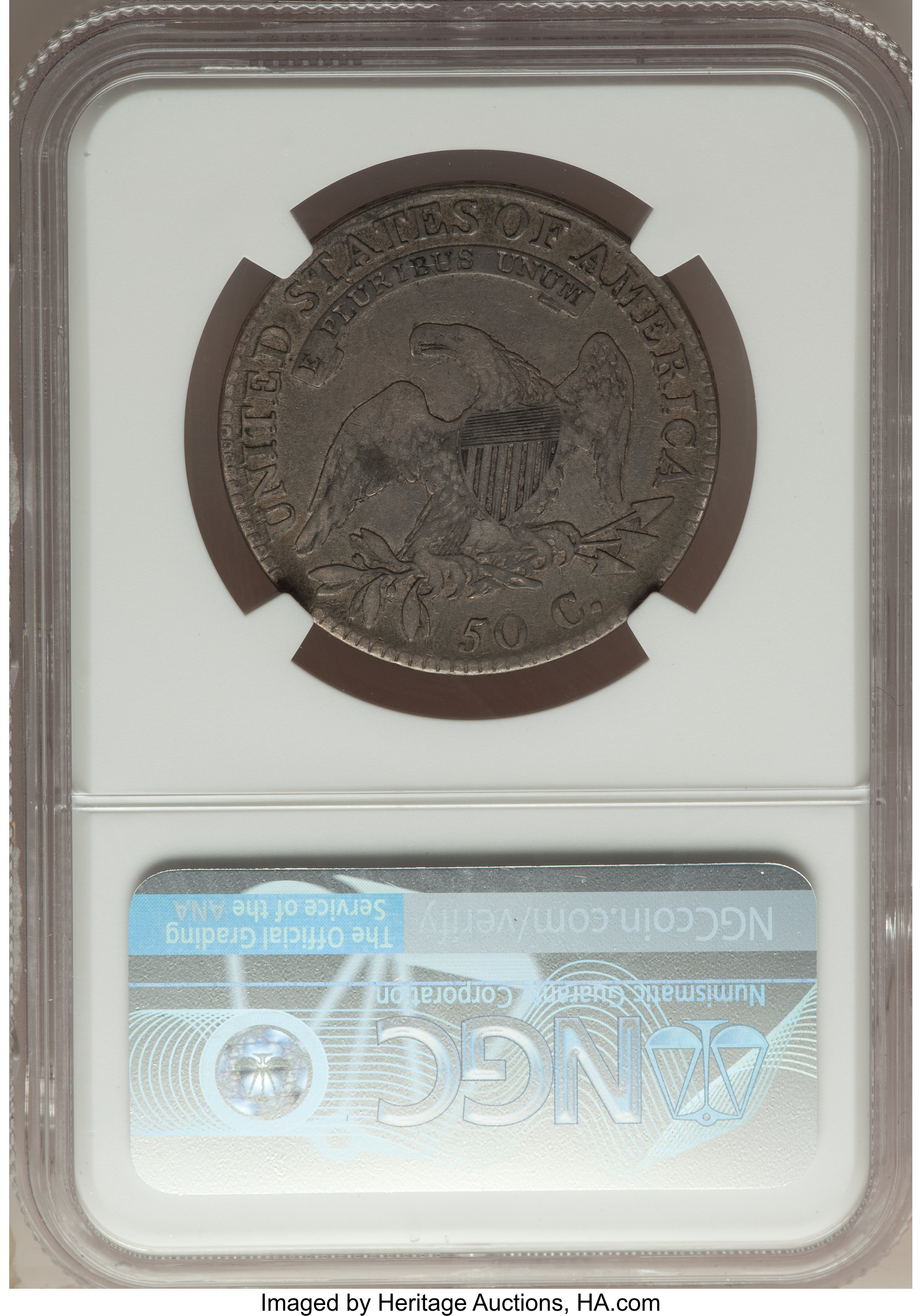 image for: 1818/7 50C Small 8, O-102, R.2, Fine 12 NGC. NGC Census: (1/31). PCGS Population: (1/23). Fine 12. Mintage 1,960,322. ...