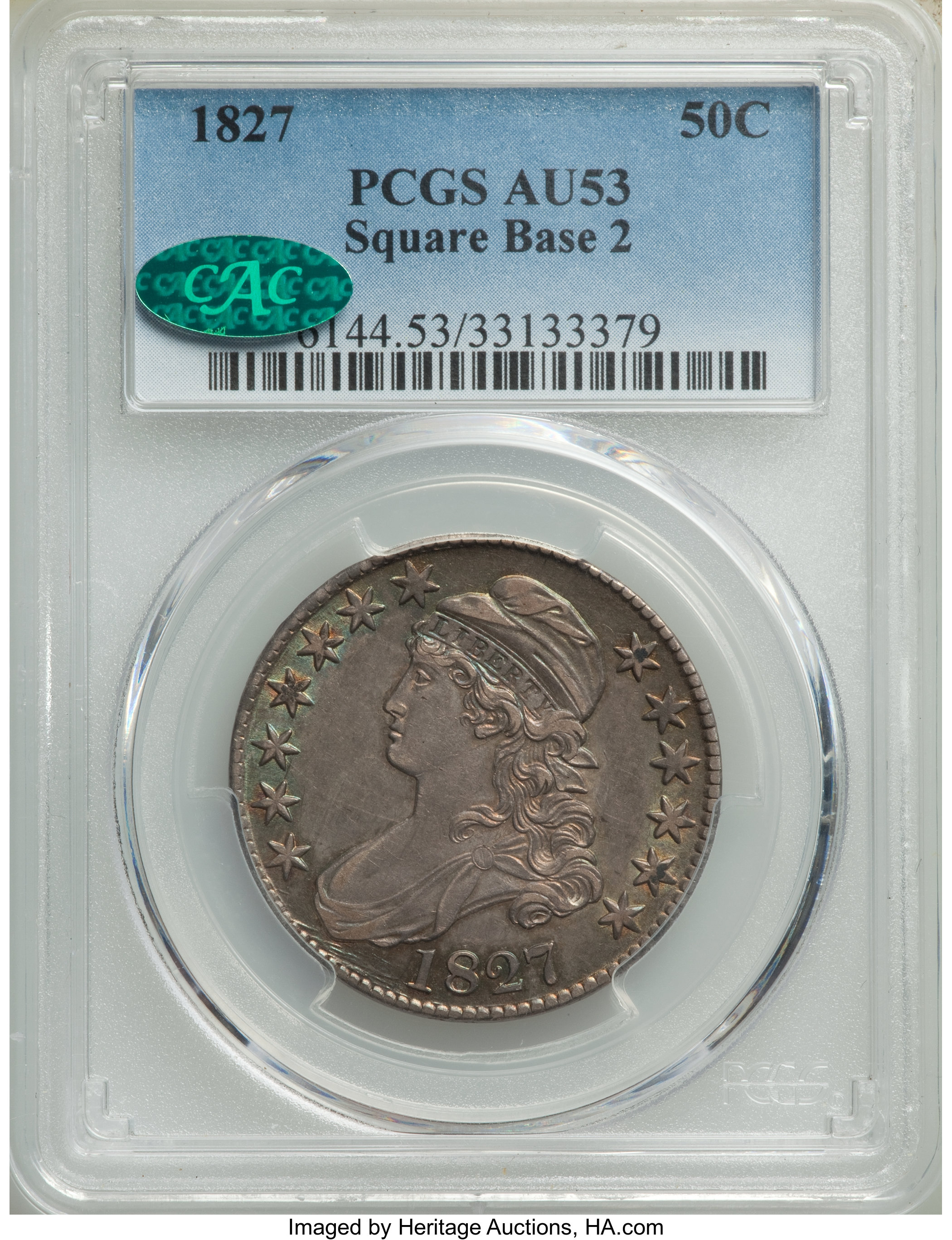 image for: 1827 50C Square Base 2, O-120, R.5, AU53 PCGS. CAC. PCGS Population: (1/1). NGC Census: (3/4). AU53. Mintage 5,493,400. ...