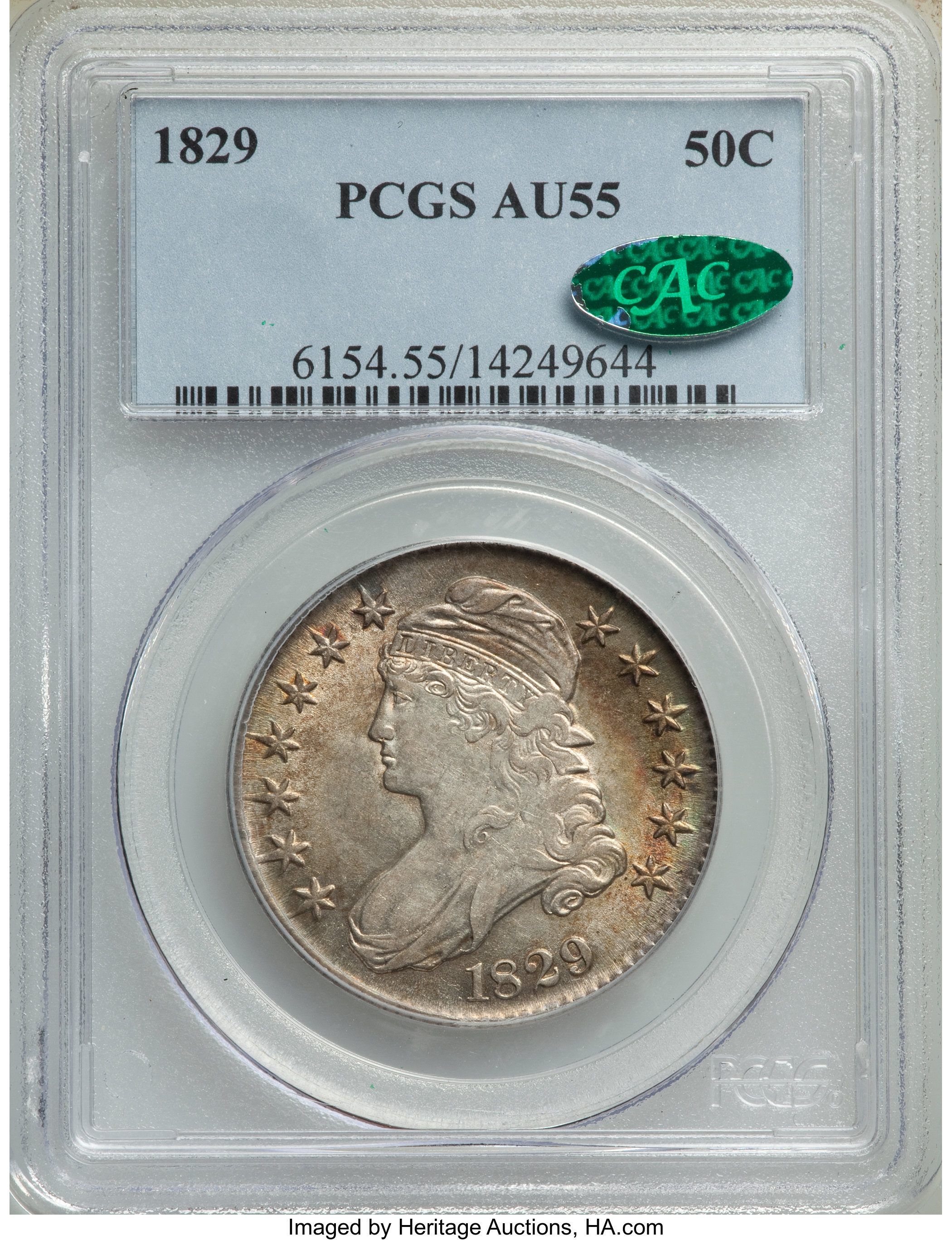 image for: 1829 50C Small Letters, O-108, R.2, AU55 PCGS. CAC. PCGS Population: (0/1). NGC Census: (1/6). AU55. Mintage 3,712,156. ...