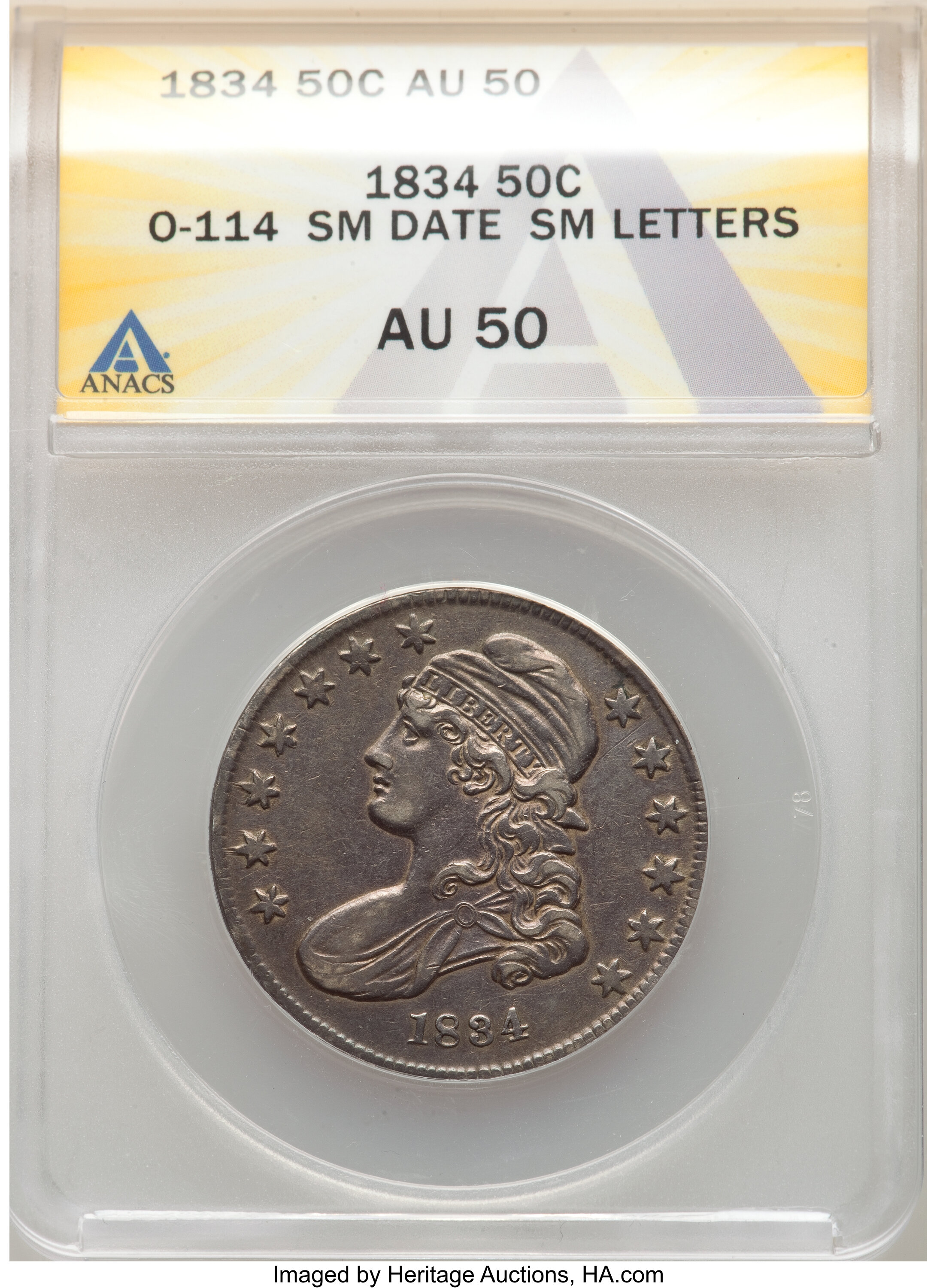 image for: 1834 50C Small Date, Small Letters, O-114, R.1, AU50 ANACS.  ...