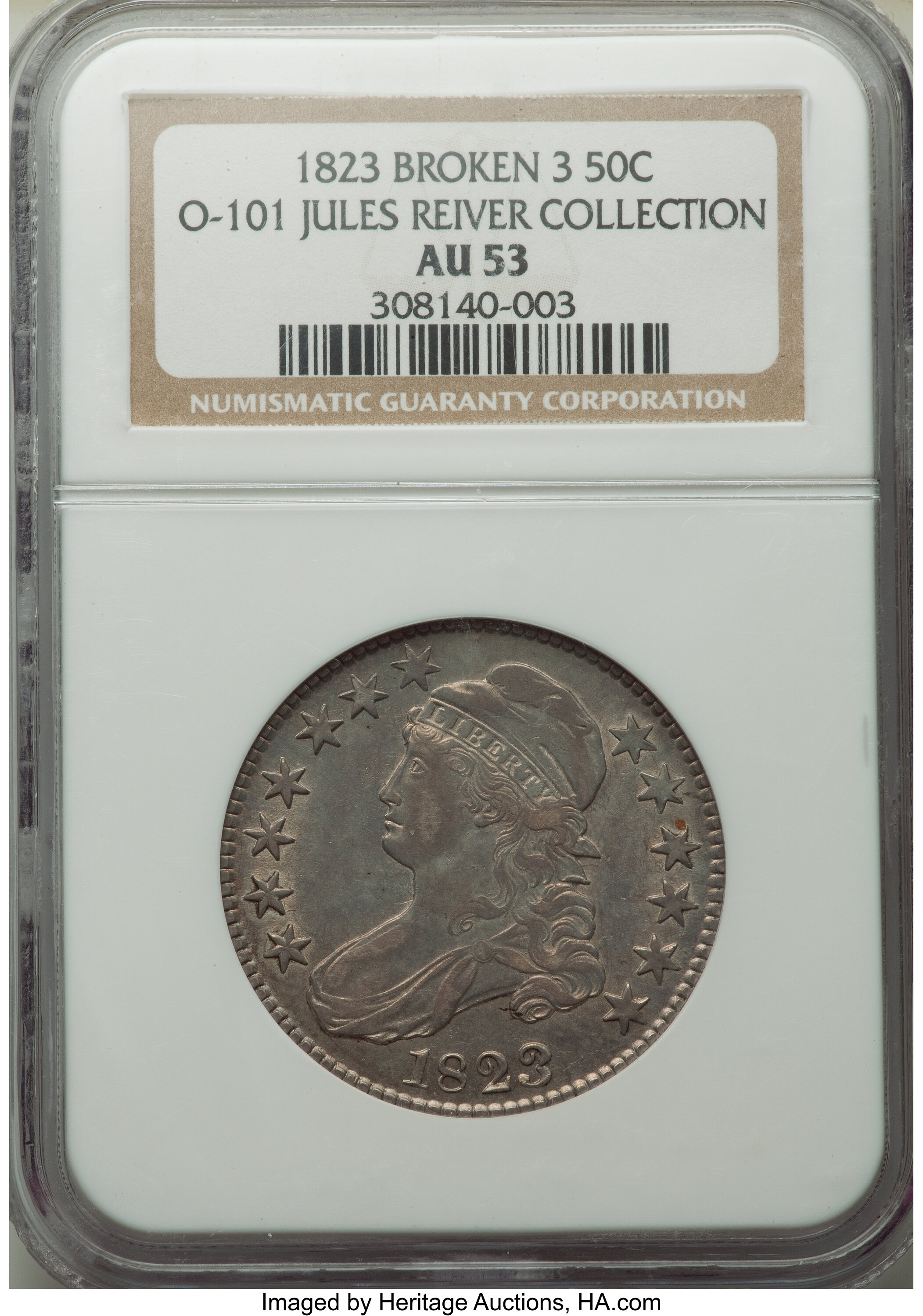 image for: 1823 50C Broken 3, O-101, R.2, AU53 NGC. EX: Jules Reiver Collection. NGC Census: (0/0). PCGS Population: (0/7). AU53....