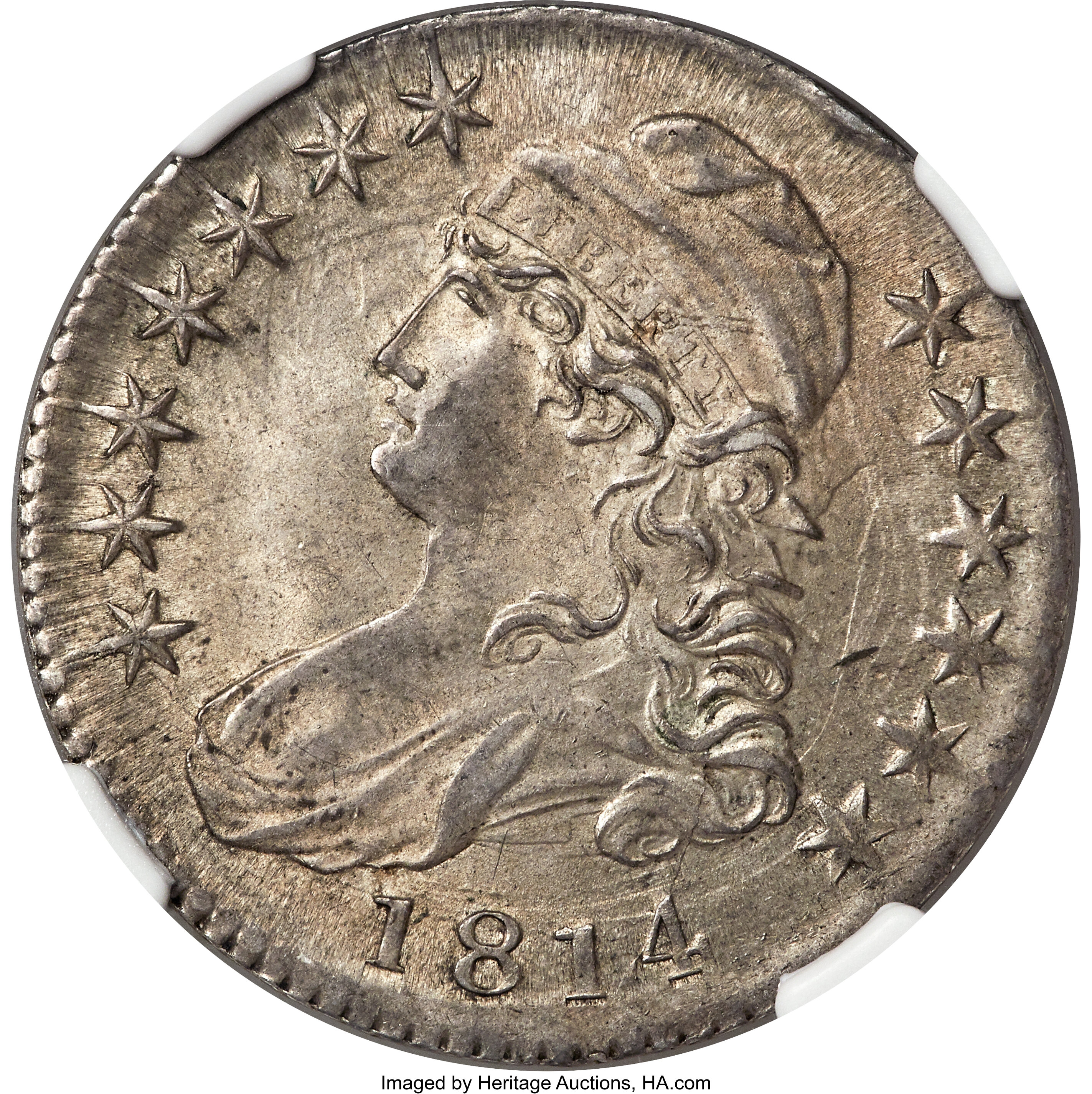 image for: 1814 50C E Over A in STATES, O-108a, R.1, MS62 NGC....