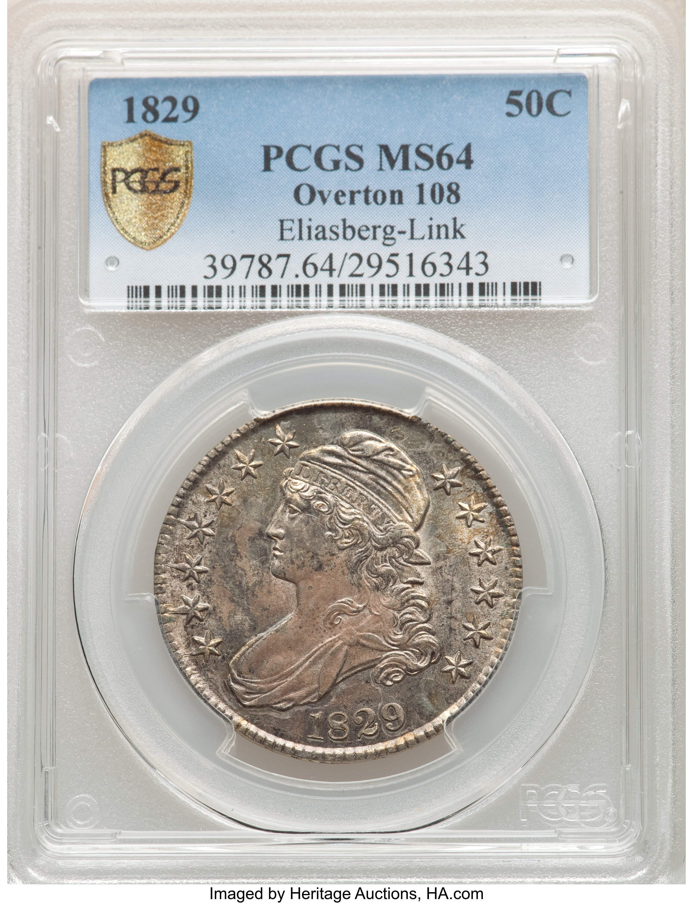 image for: 1829 50C Small Letters, O-108, R.2, MS64 PCGS. Ex: Eliasberg-Link. PCGS Population: (1/0 and 0/0+). NGC Census: (1/0 and 0/...