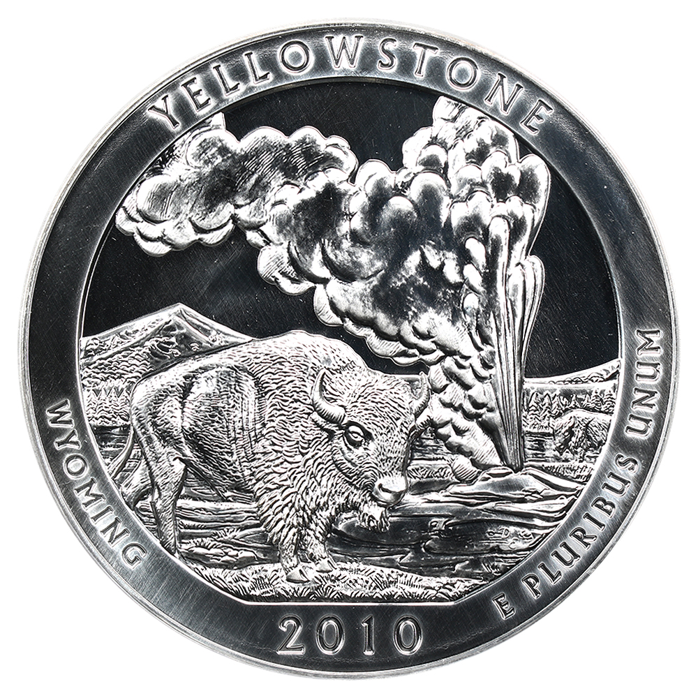 image for: 2010 Yellowstone NP 5oz Silver 25c PCGS MS69 (First Strike  Mercanti Signature)