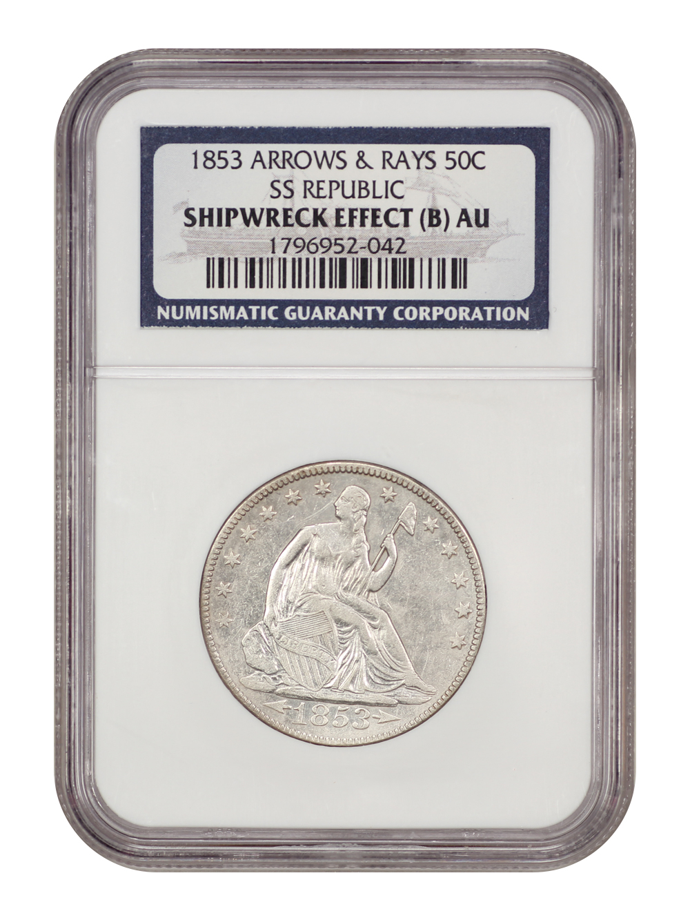 image for: S.S. Republic: 1853 50c NGC Shipwreck Effect (B) AU (Arrows & Rays)