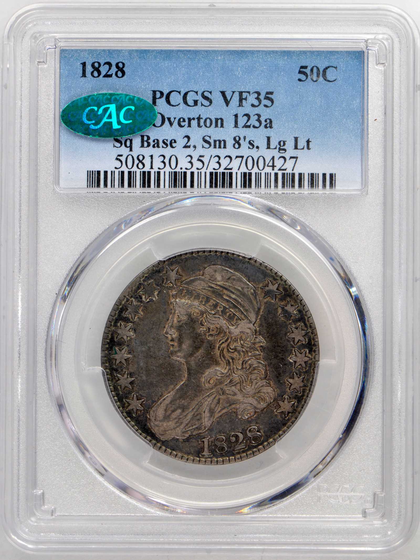 image for: 1828 Capped Bust Half Dollar. O-123a. Rarity-5+. Square Base 2, Small 8s, Large Letters. VF-35 (PCGS). CAC.