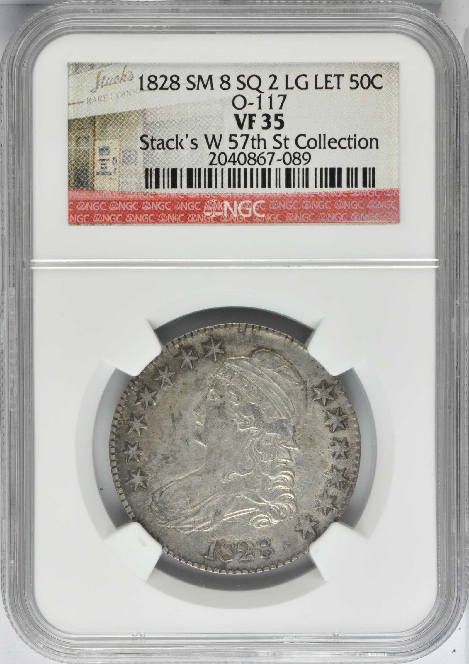 image for: 1828 Capped Bust Half Dollar. O-117. Rarity-1. Square Base 2, Small 8s, Large Letters. VF-35 (NGC).