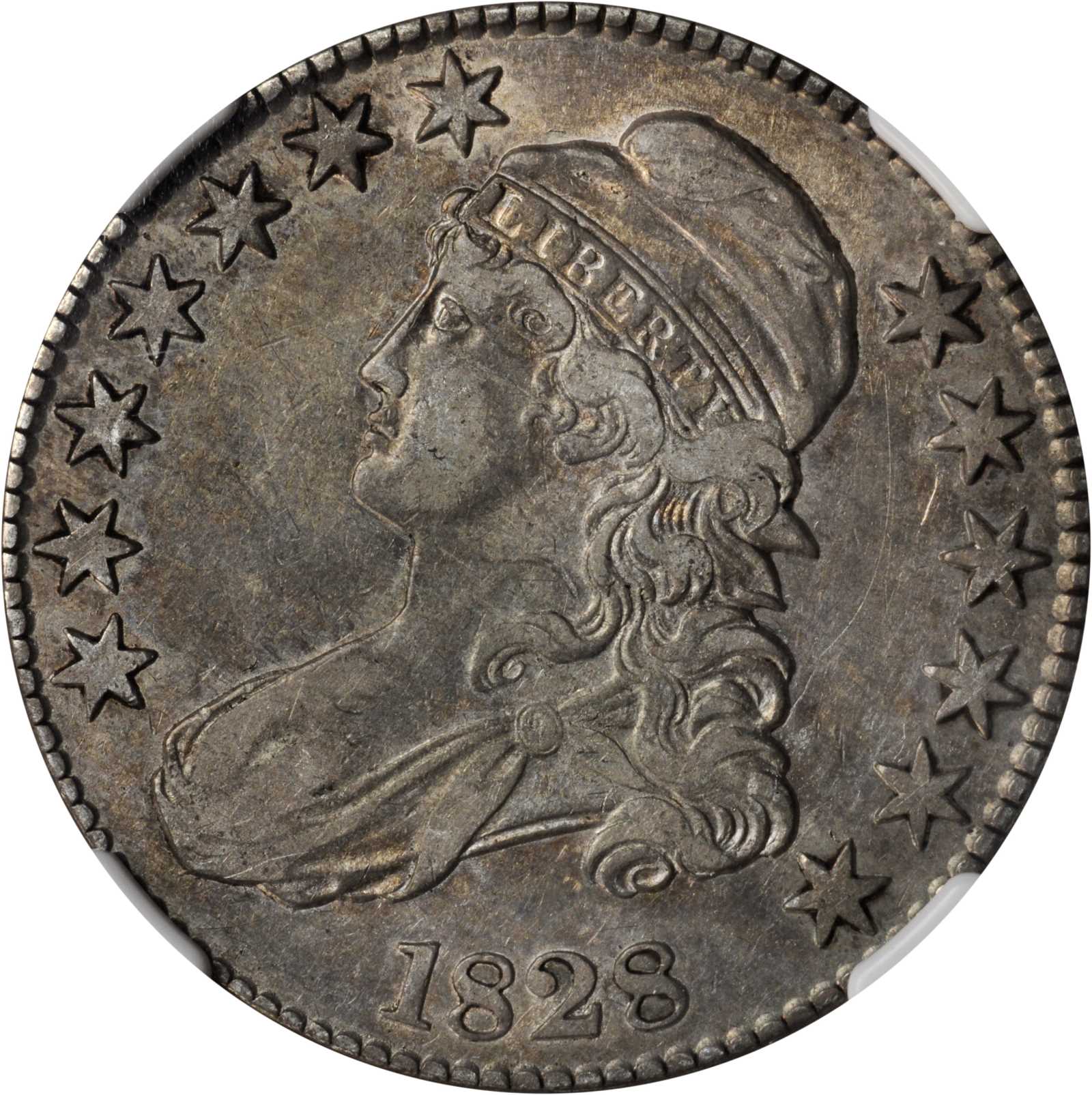 image for: 1828 Capped Bust Half Dollar. O-117. Rarity-1. Square Base 2, Small 8s, Large Letters. VF-30 (NGC).
