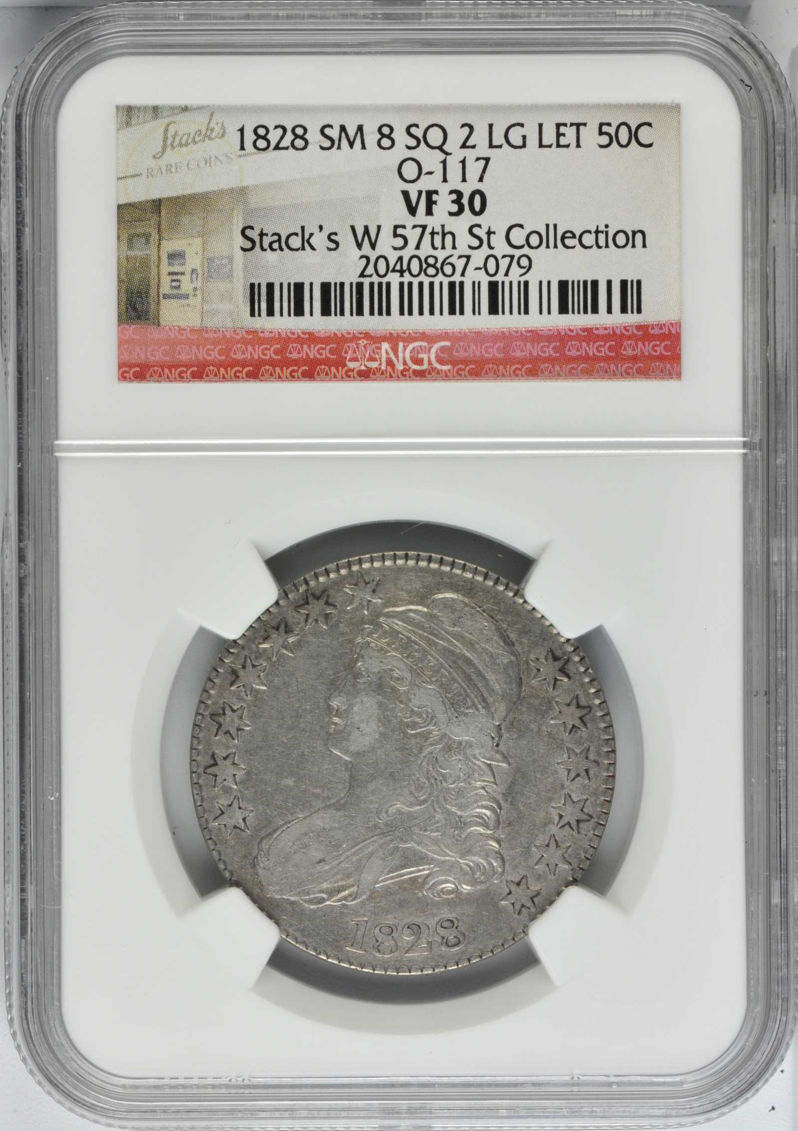 image for: 1828 Capped Bust Half Dollar. O-117. Rarity-1. Square Base 2, Small 8s, Large Letters. VF-30 (NGC).