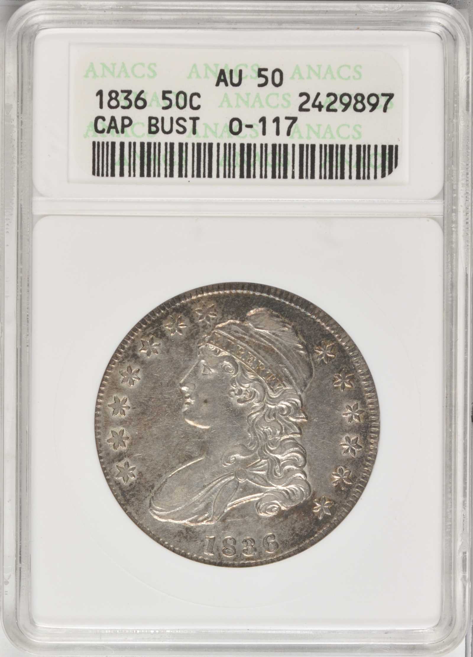 image for: 1836 Capped Bust Half Dollar. Lettered Edge. O-117. Rarity-3. AU-50 (ANACS). OH.