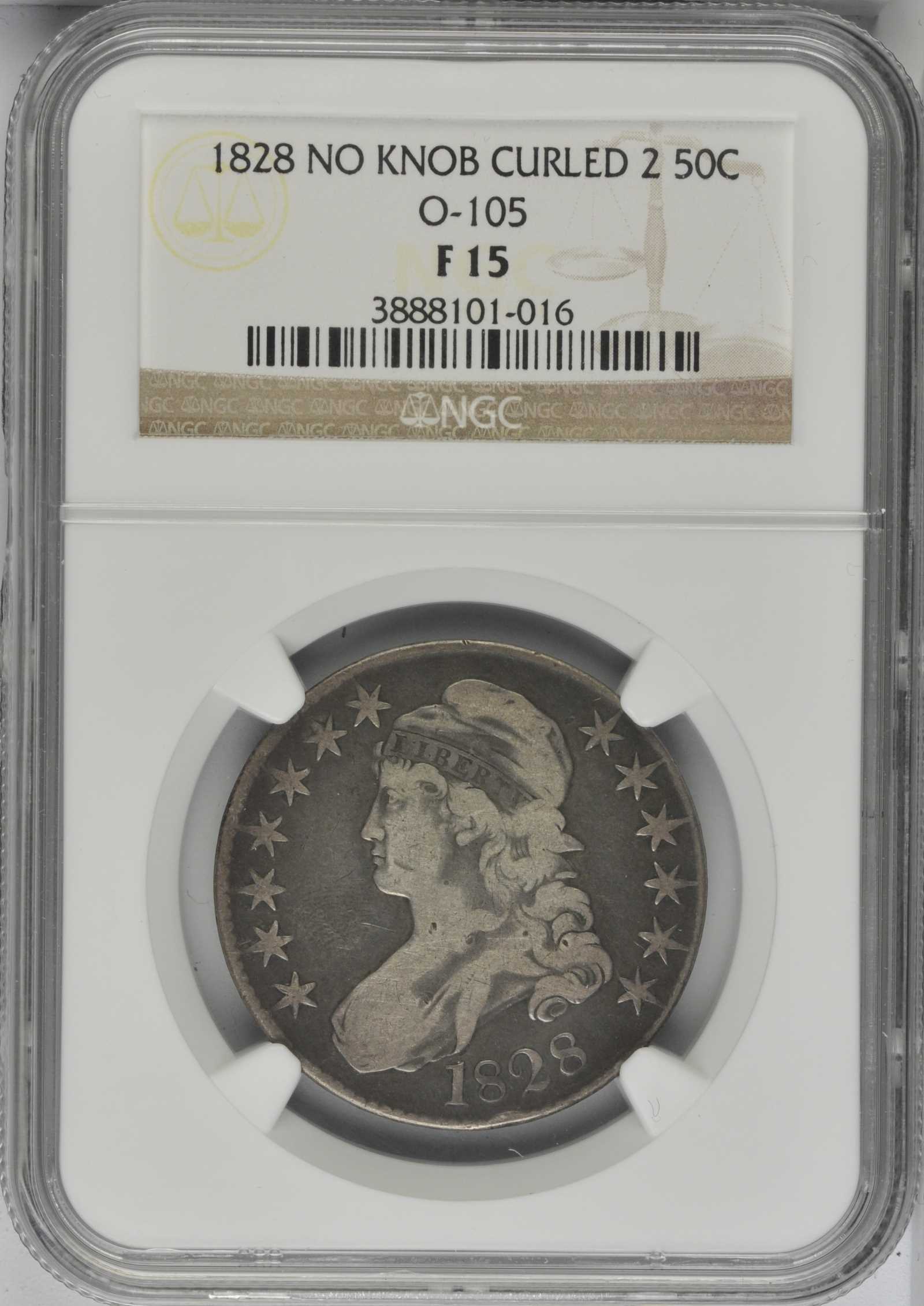 image for: 1828 Capped Bust Half Dollar. O-105. Rarity-5. Curl Base No Knob 2. Fine-15 (NGC).