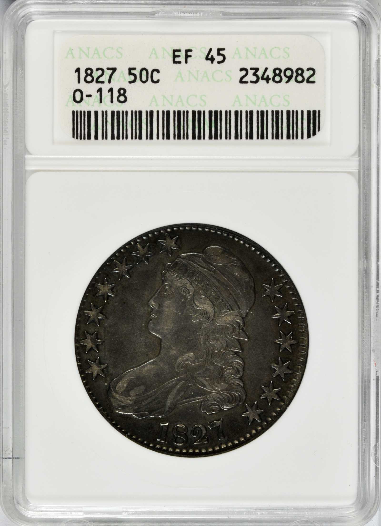 image for: 1827 Capped Bust Half Dollar. O-118. Rarity-3. Square Base 2. EF-45 (ANACS). OH.